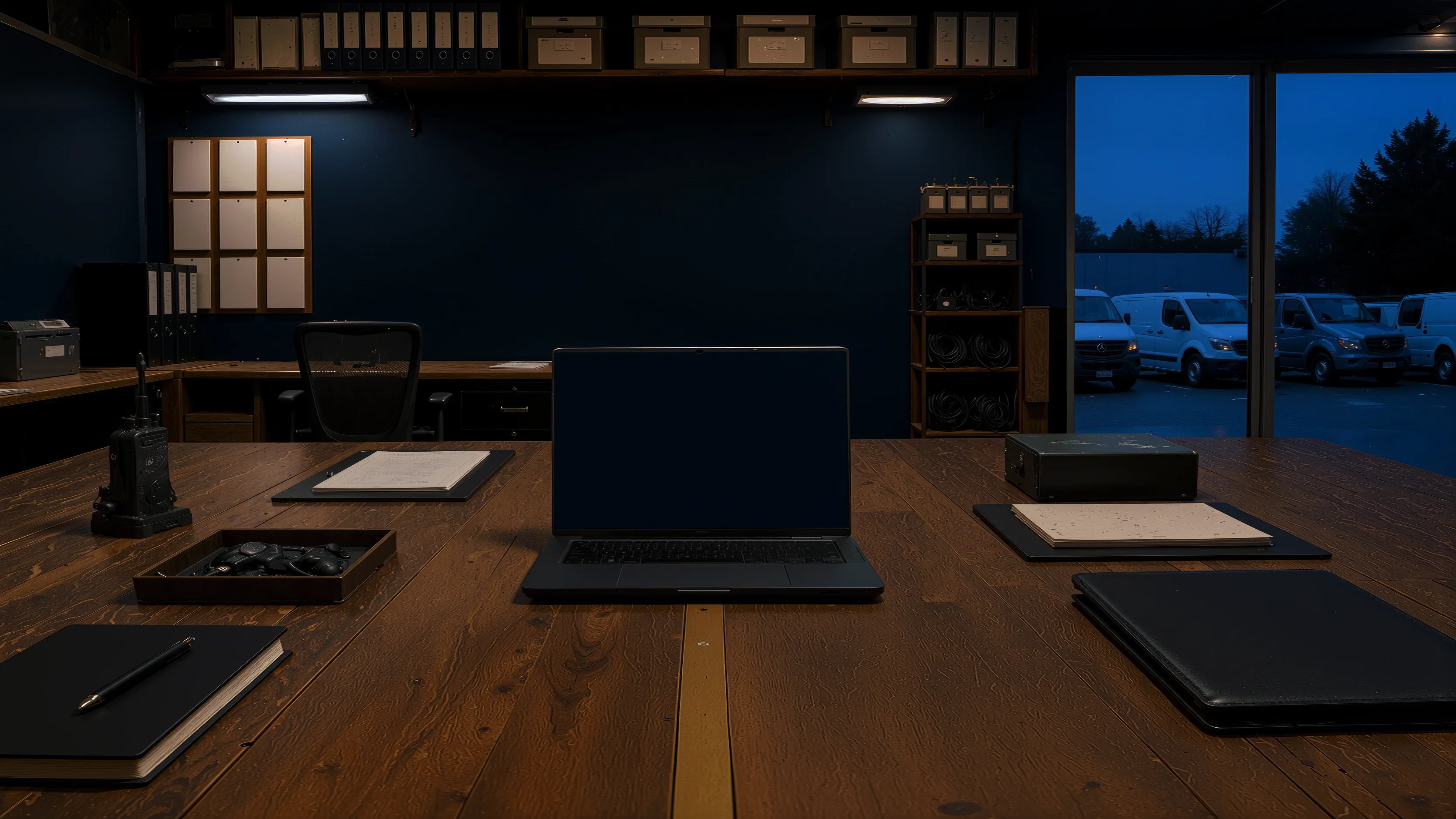 The same operations room, now orderly: papers squared, equipment shelved, vans lined up outside.